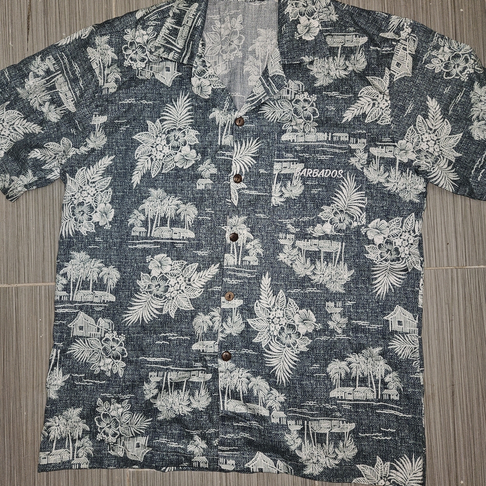 Barba Navy and White Tropical Print Short-Sleeve Button-Down Shirt